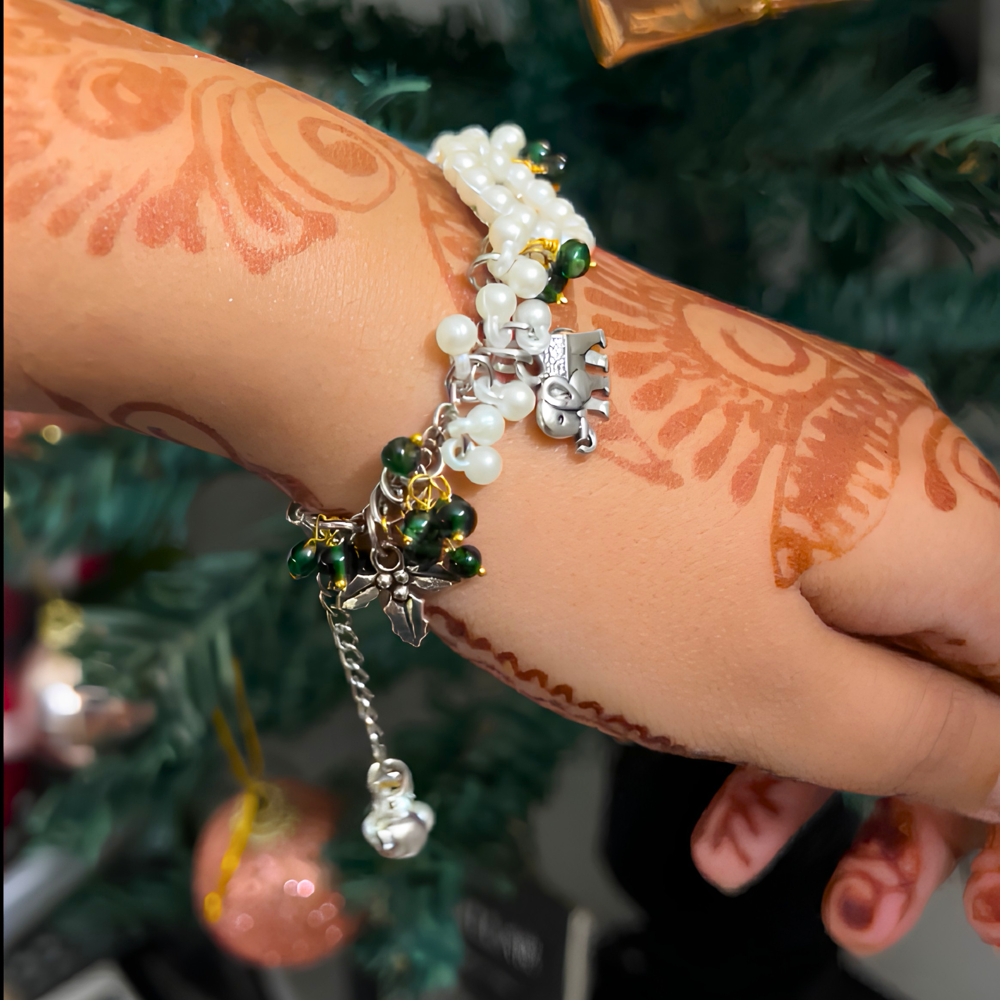Ethereal Grace: Handcrafted Silver-Finish Divine Charm Bracelet
