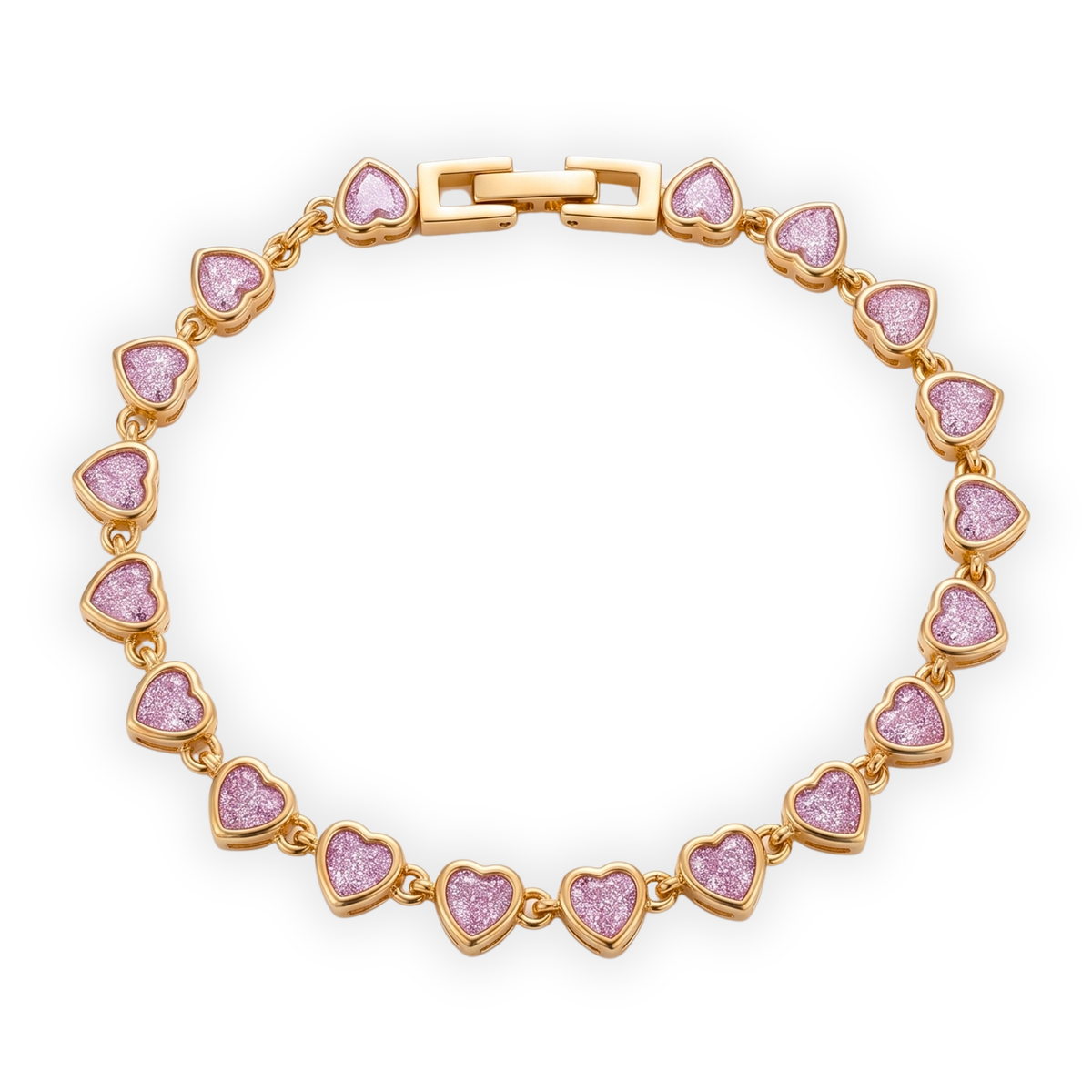 Pink Heart Link Bracelet for Women | Gold-Tone Stainless Steel Bracelet | Sparkling Heart Charm Bracelet | Elegant Everyday Jewelry