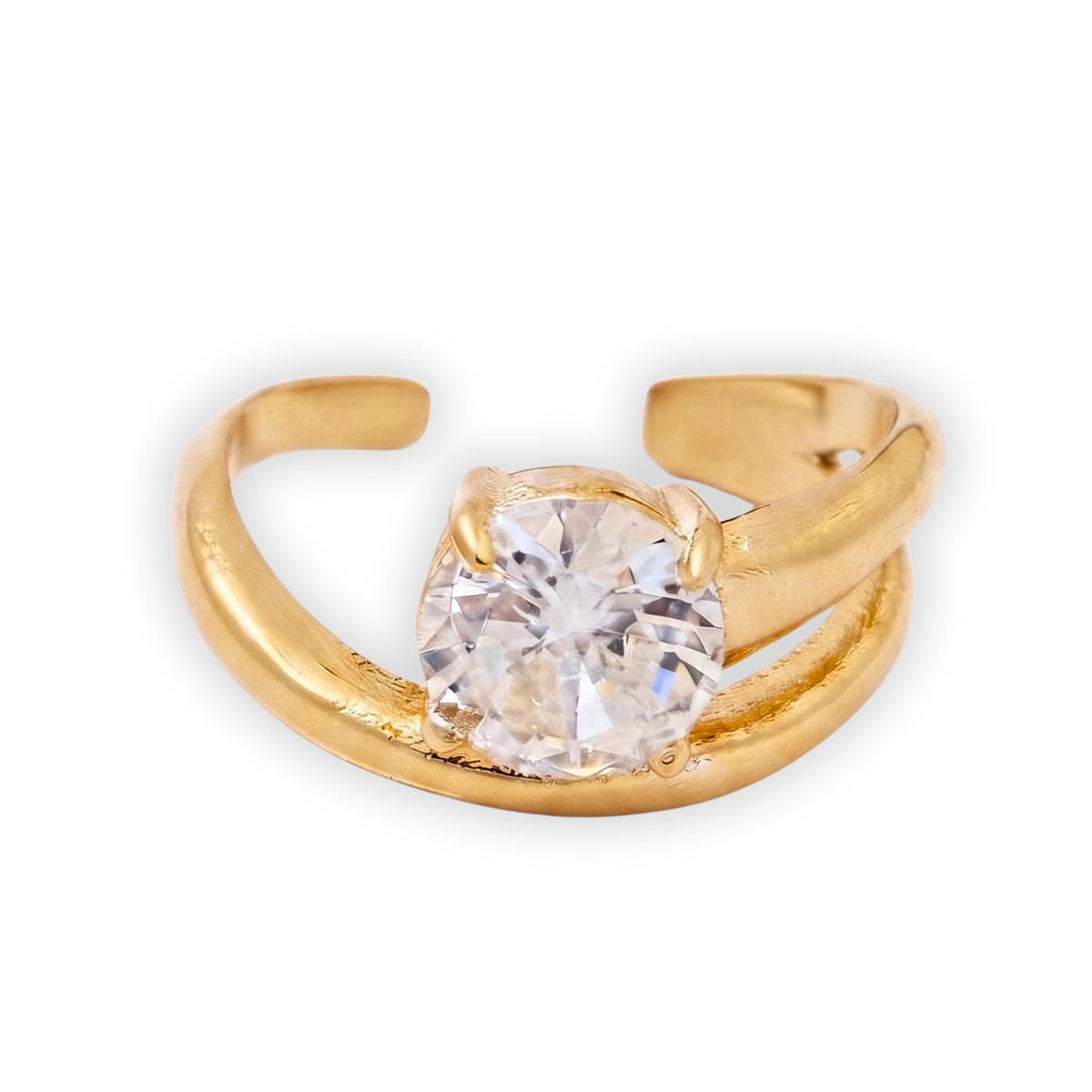 Gold-Plated Bypass Solitaire Adjustable Ring with Round Brilliant Stone