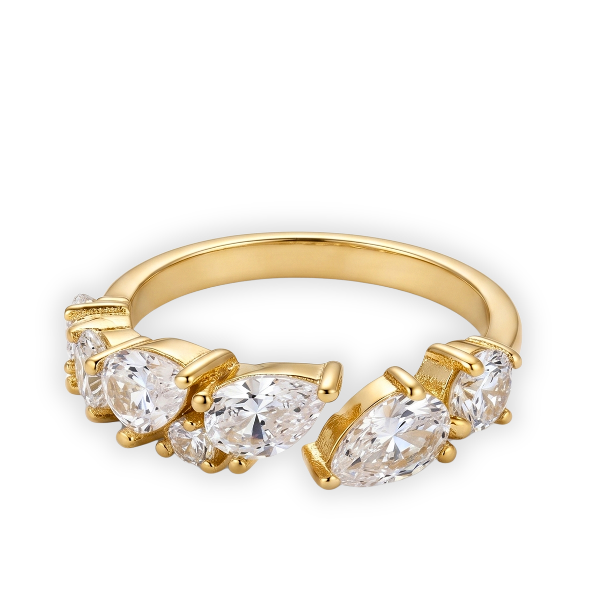 Gold-Plated Adjustable Open Ring with Pear and Round Zirconia Cluster Stones