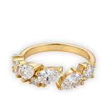 Gold-Plated Adjustable Open Ring with Pear and Round Zirconia Cluster Stones