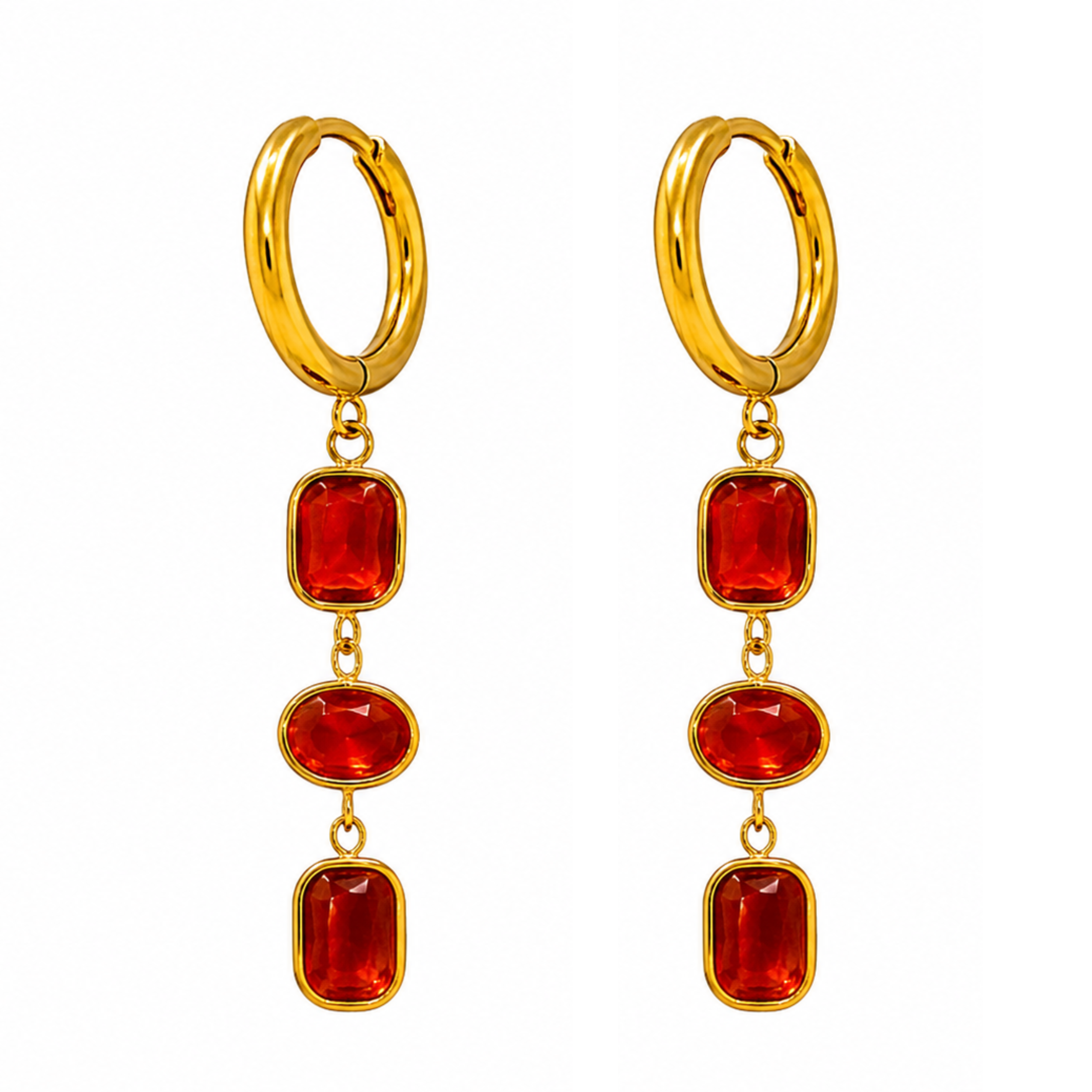 Elegant 18K Gold-Plated Drop Earrings with Triple Cushion-Cut Ruby Red Stones