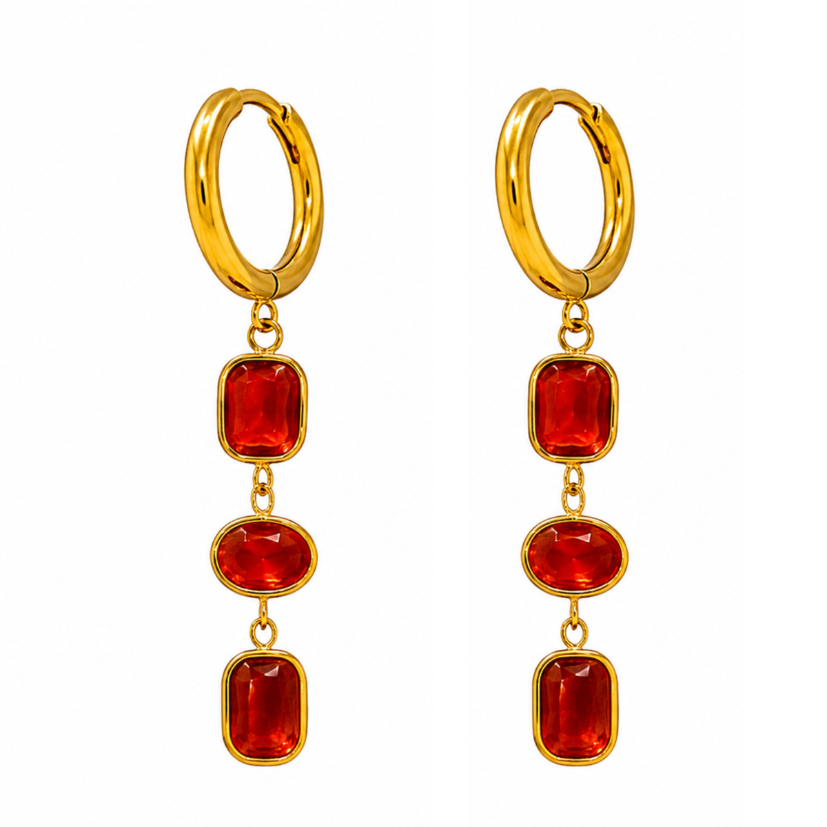 Elegant 18K Gold-Plated Drop Earrings with Triple Cushion-Cut Ruby Red Stones