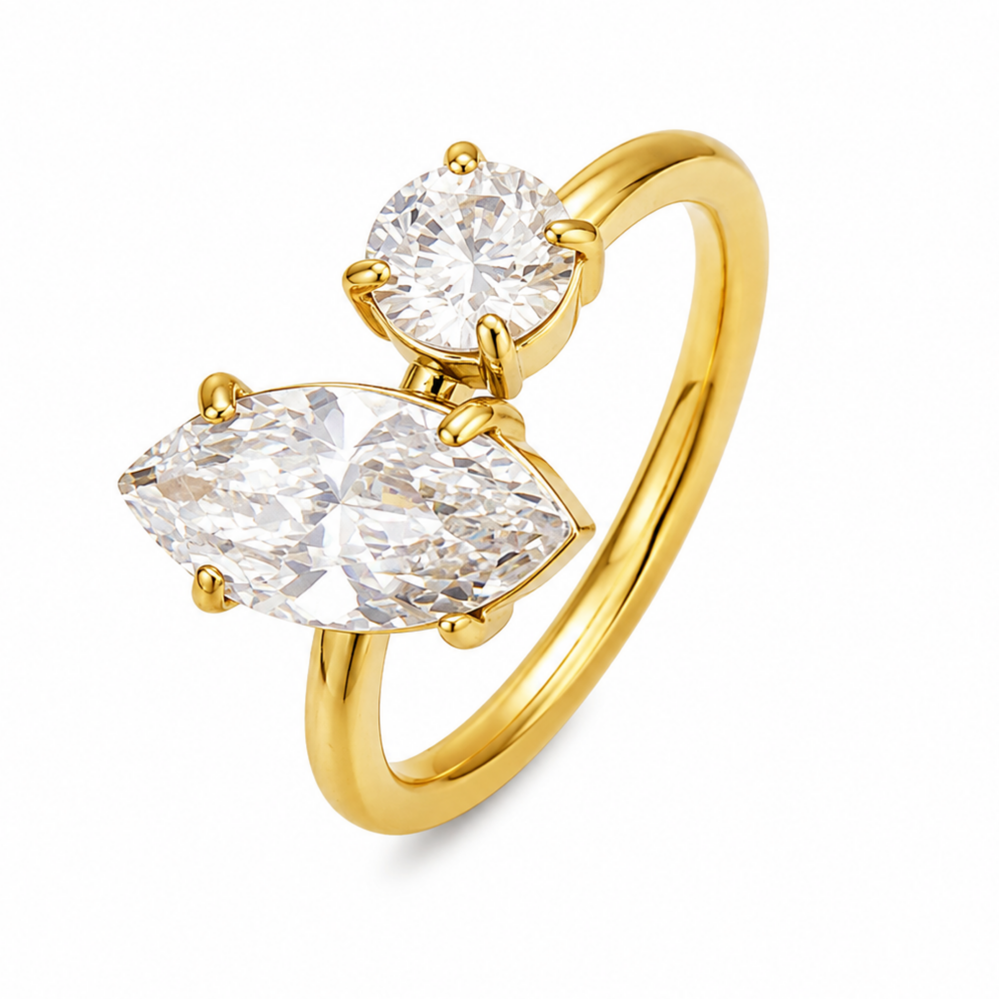 Elegant Dual Stone Gold Plated Statement Ring for Women | Round & Marquise Cut Sparkling Stones