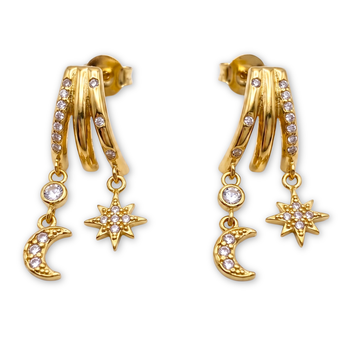 18K Gold Plated Celestial Star and Crescent Moon Dangle Earrings