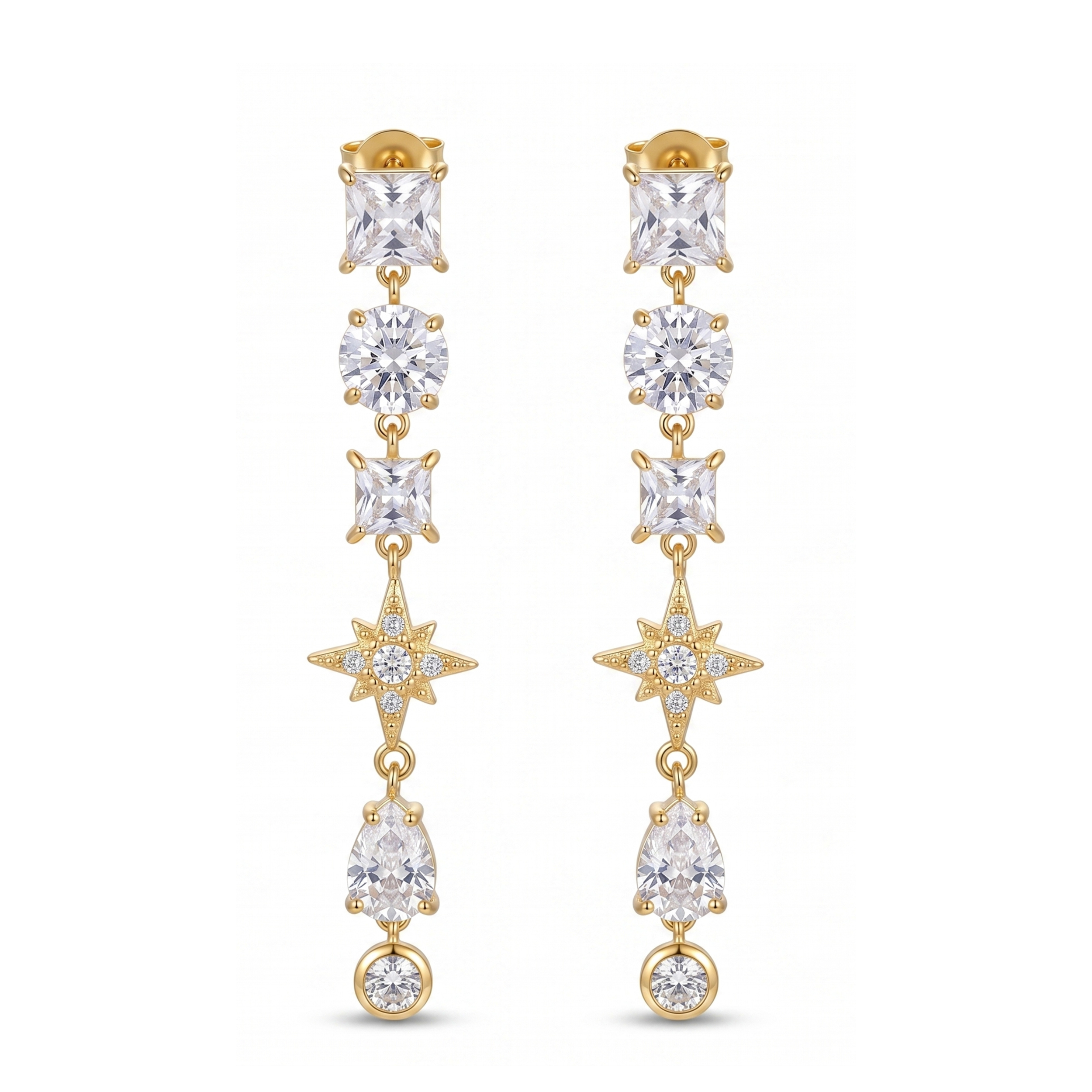 Celestial Elegance: 18K Gold Plated Cubic Zirconia Starburst Drop Earrings