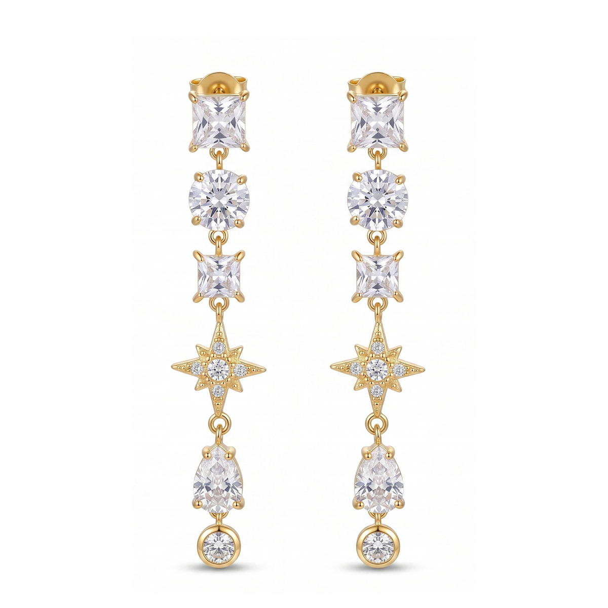 Celestial Elegance: 18K Gold Plated Cubic Zirconia Starburst Drop Earrings