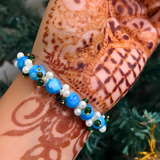 Divine Grace Handcrafted Beaded Bracelet – Celestial Blue & Pearl Elegance with Sacred Medallion