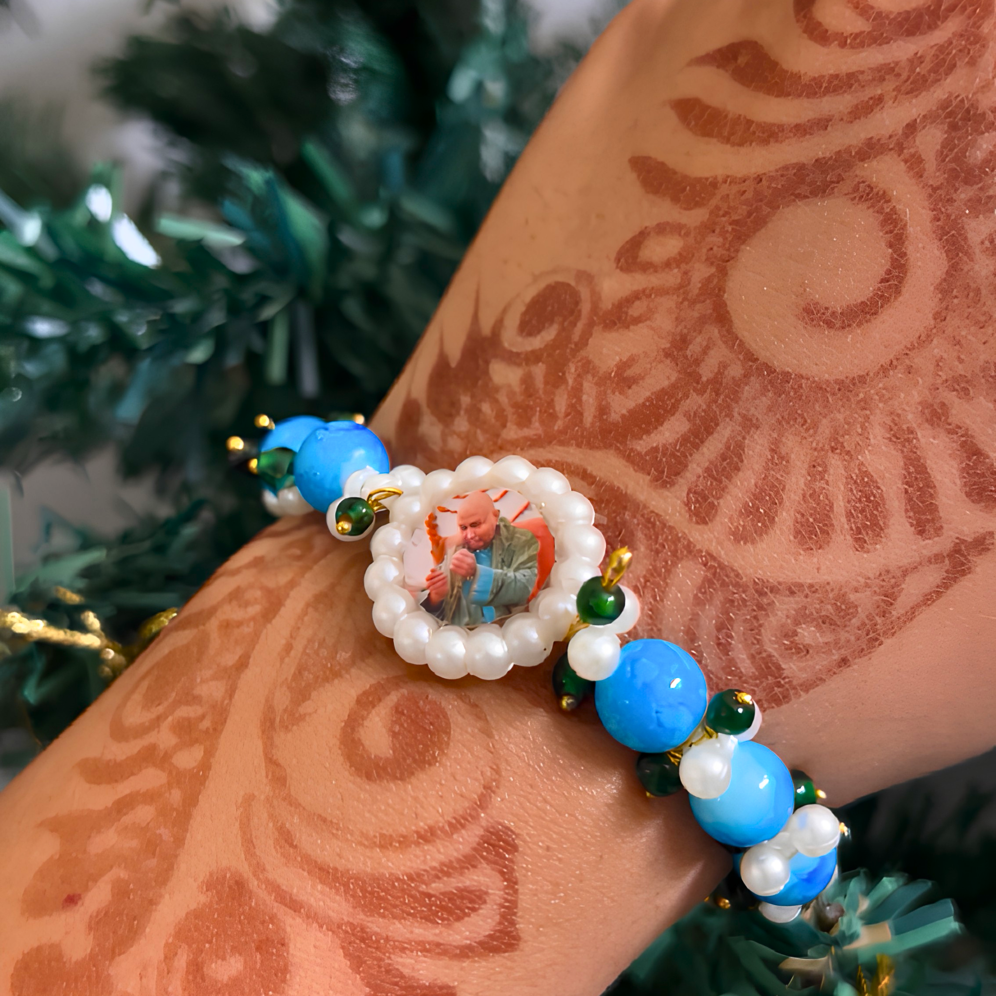 Divine Grace Handcrafted Beaded Bracelet – Celestial Blue & Pearl Elegance with Sacred Medallion