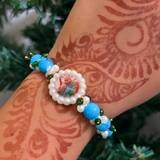 Divine Grace Handcrafted Beaded Bracelet – Celestial Blue & Pearl Elegance with Sacred Medallion