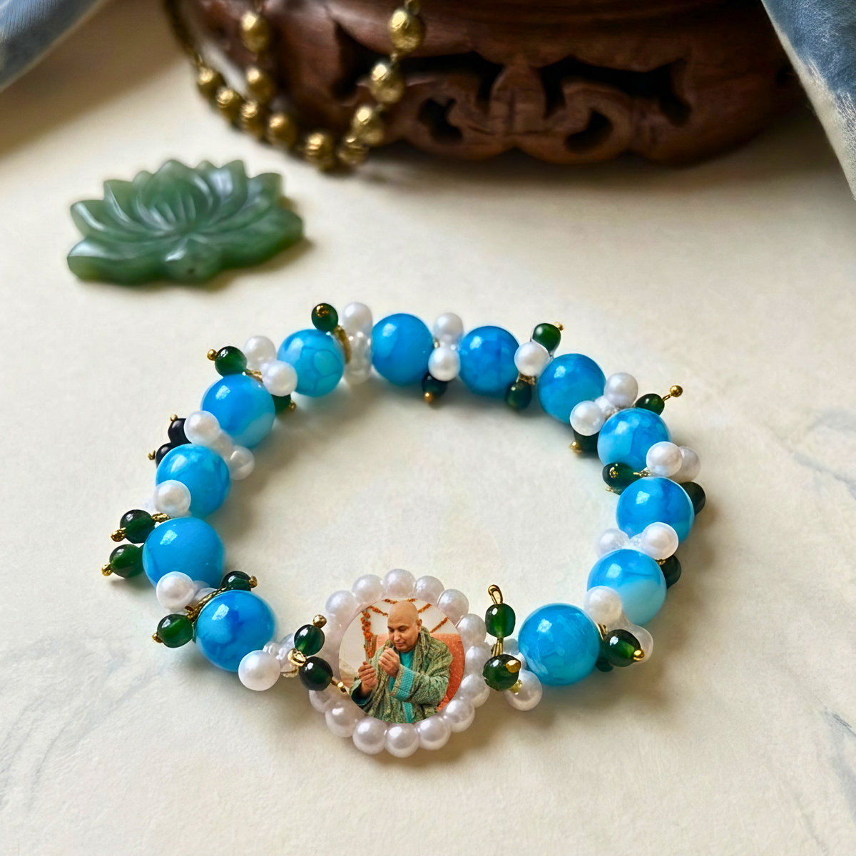 Divine Grace Handcrafted Beaded Bracelet – Celestial Blue & Pearl Elegance with Sacred Medallion