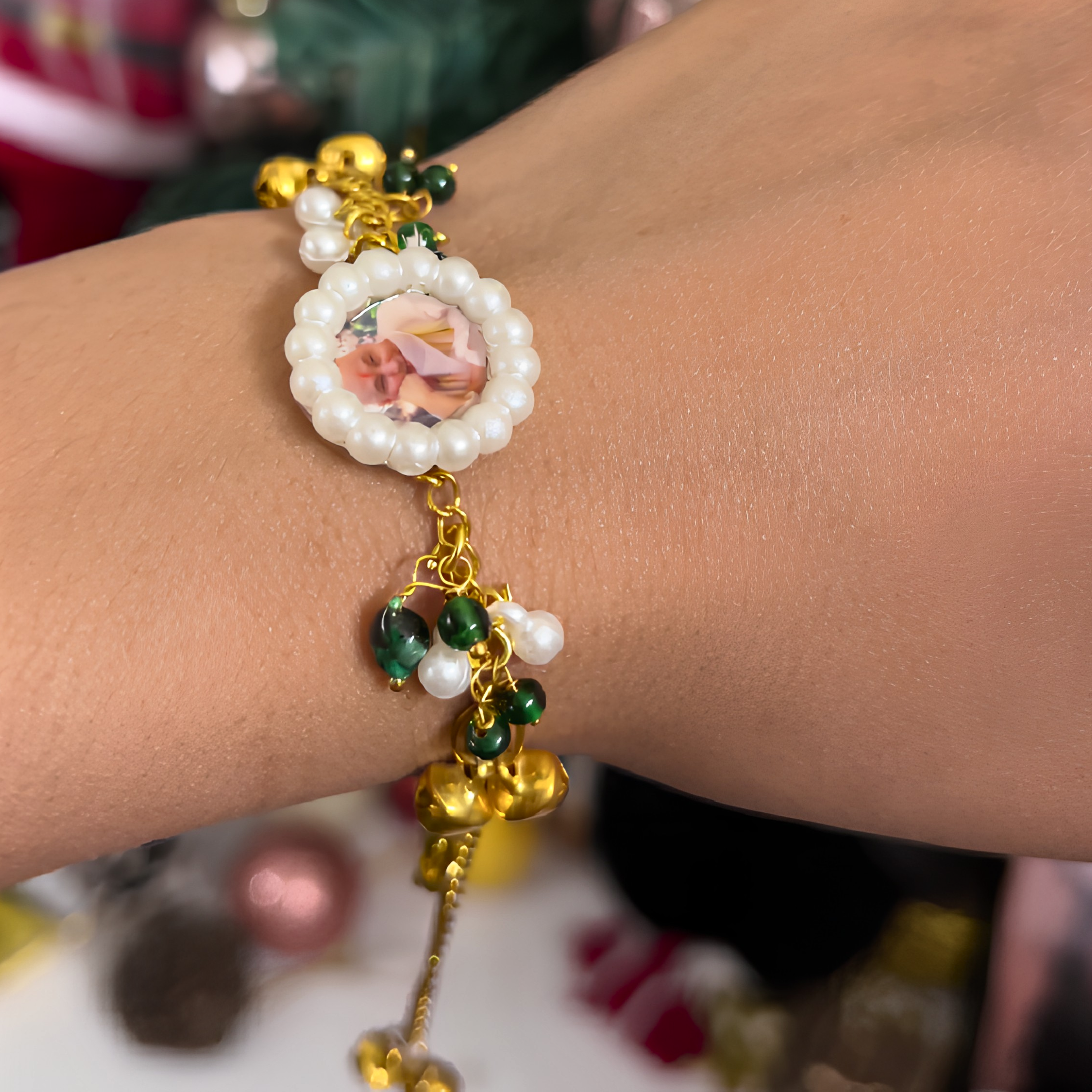The Divine Aashirwad Bracelet: Handcrafted Guruji Swaroop Medallion with Pearls & Emerald Beads
