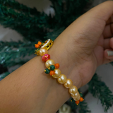 Devotional Guruji Photo Pearl Bracelet – Traditional Meenakari Peacock & Beaded Stretch Bracelet