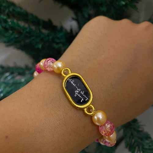 "Blessings Always Guruji" Engraved Charm Bracelet – Pink Crackle Quartz & Gold Pearl Stretch Bracelet