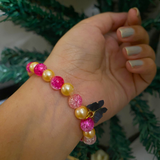 "Blessings Always Guruji" Engraved Charm Bracelet – Pink Crackle Quartz & Gold Pearl Stretch Bracelet