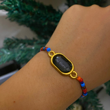 "Jai Guru Ji" Engraved Oval Charm Beaded Bracelet – Vibrant Multi-Color Devotional Bracelet