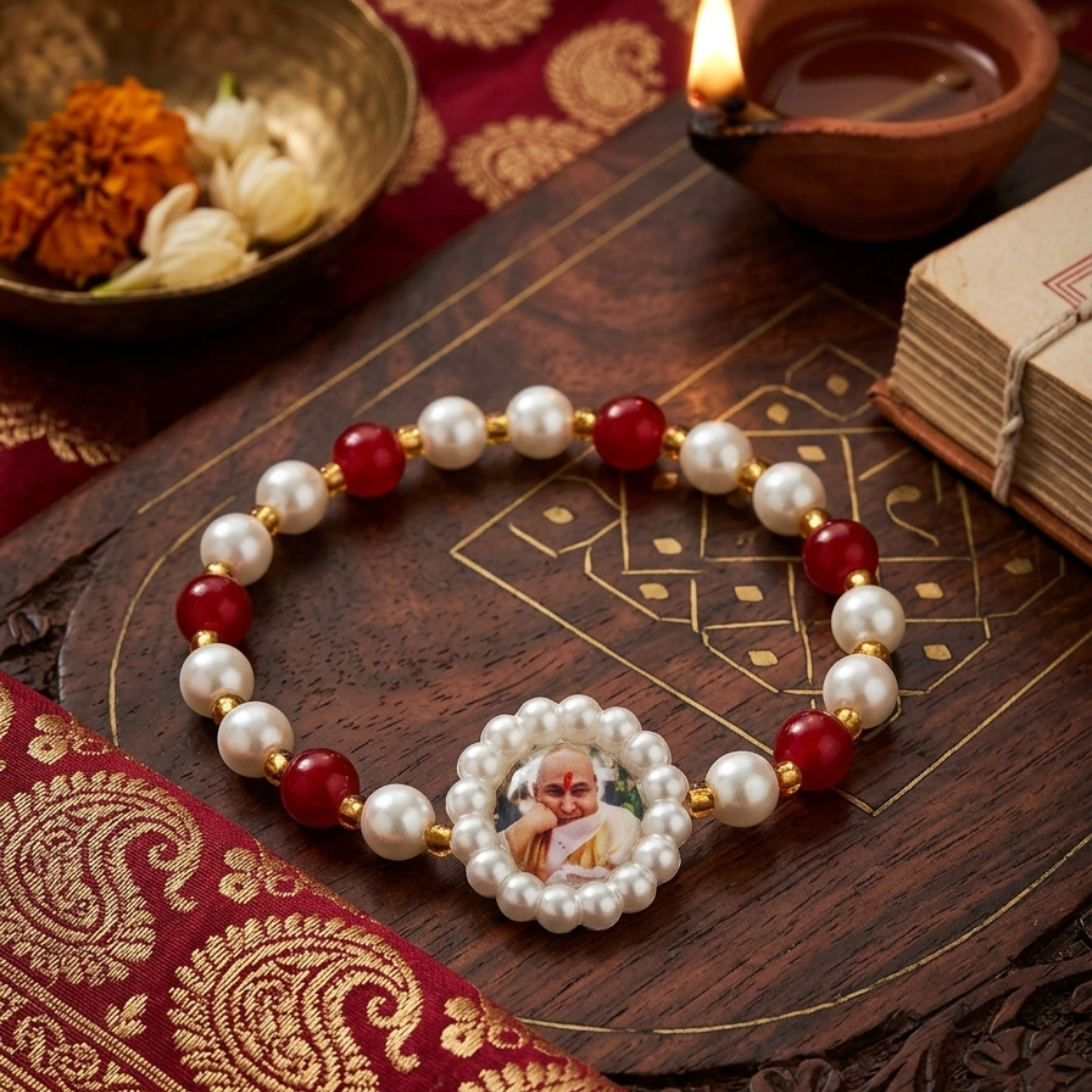 Divine Blessings: Guruji Swarup Pearl & Red Bead Bracelet