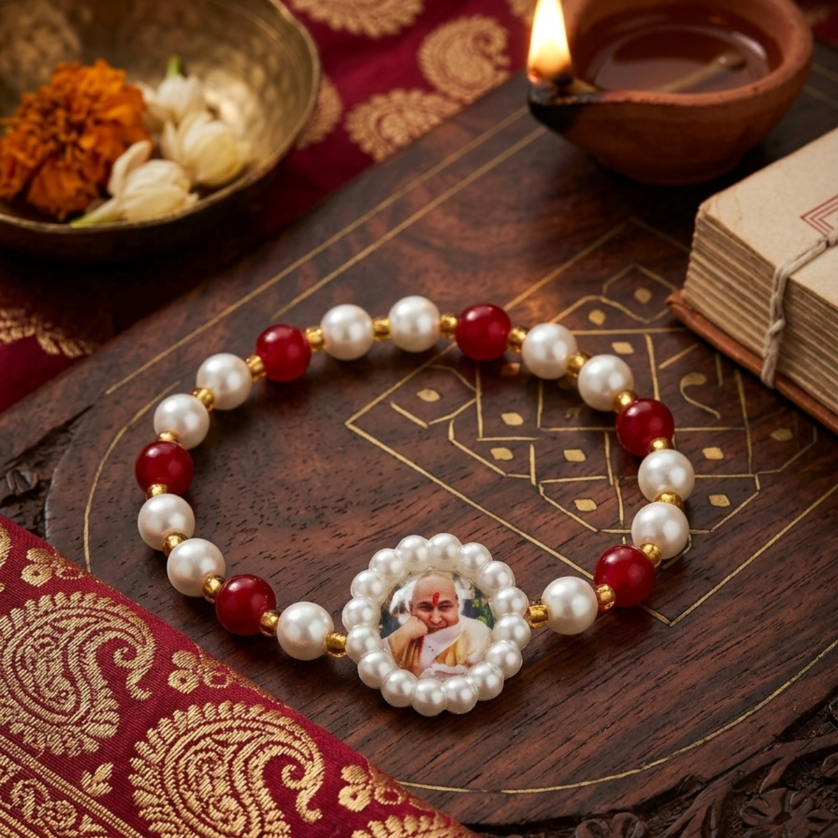 Divine Blessings: Guruji Swarup Pearl & Red Bead Bracelet
