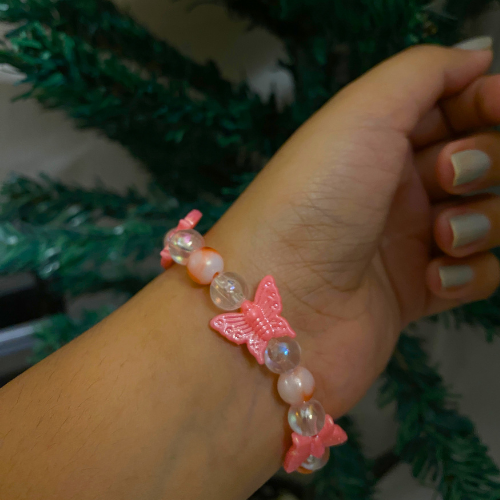 Personalized Guru Photo Beaded Bracelet – Pink Butterfly & Gemstone Stretch Bracelet