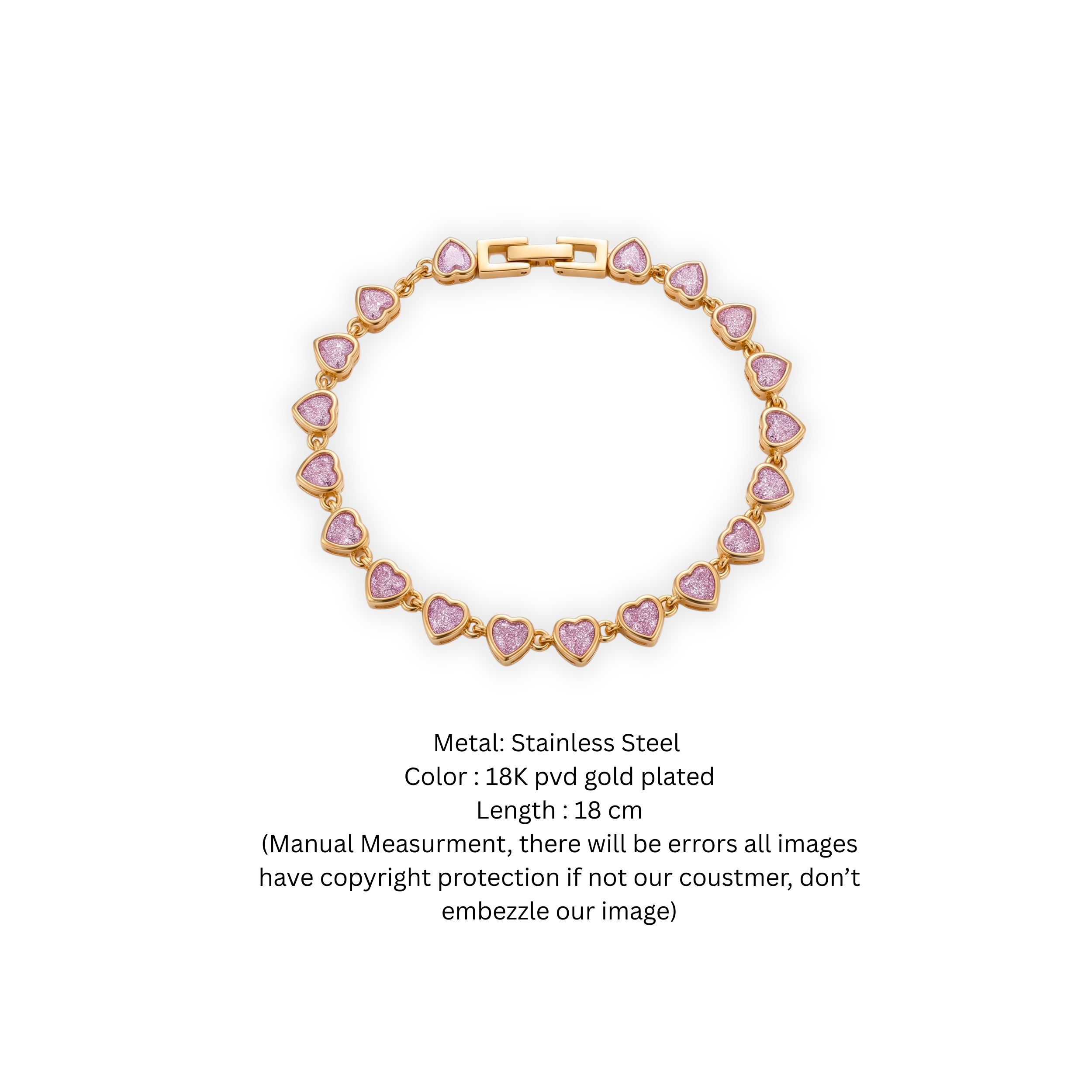 Pink Heart Link Bracelet for Women | Gold-Tone Stainless Steel Bracelet | Sparkling Heart Charm Bracelet | Elegant Everyday Jewelry