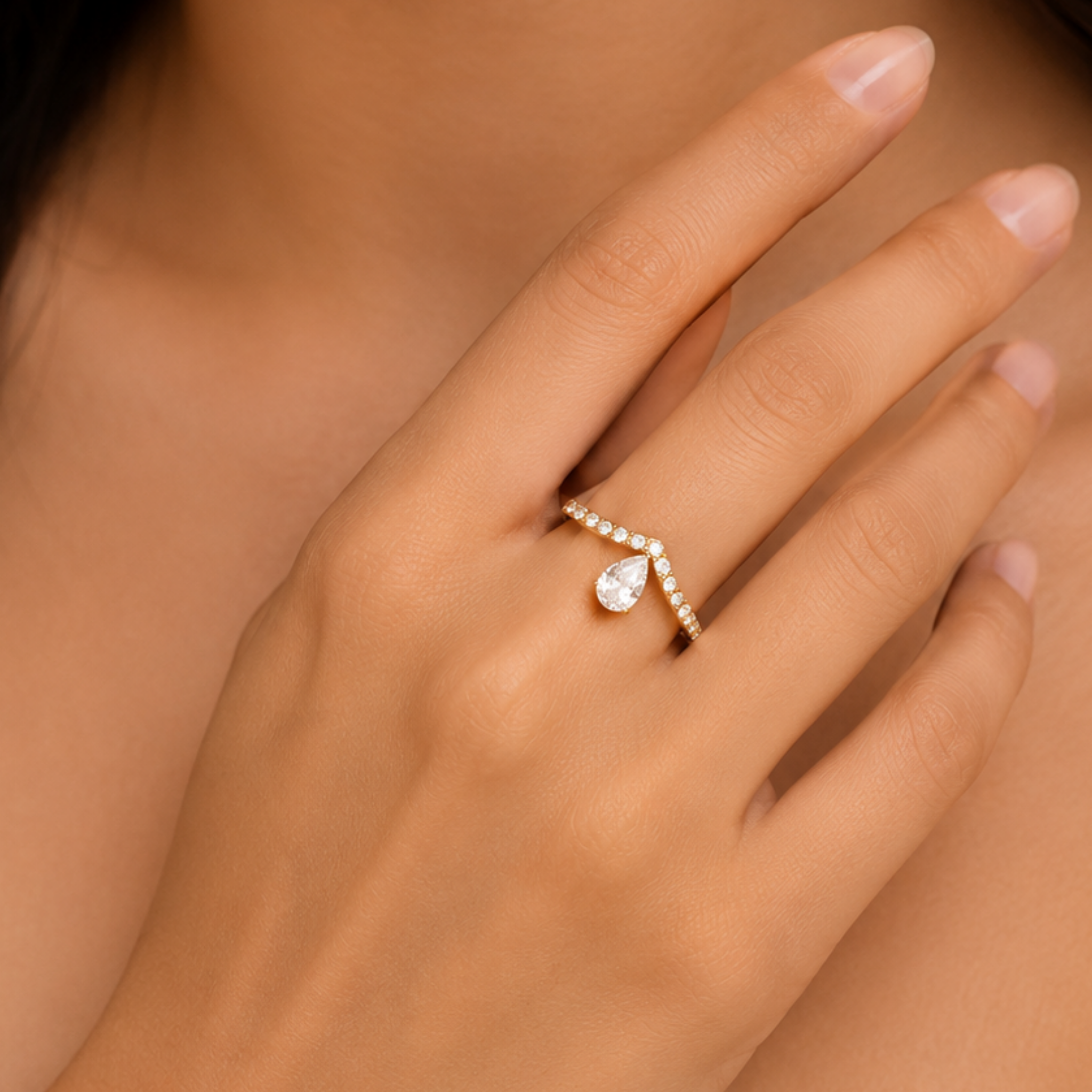 Golden V-Band Pear Drop Ring