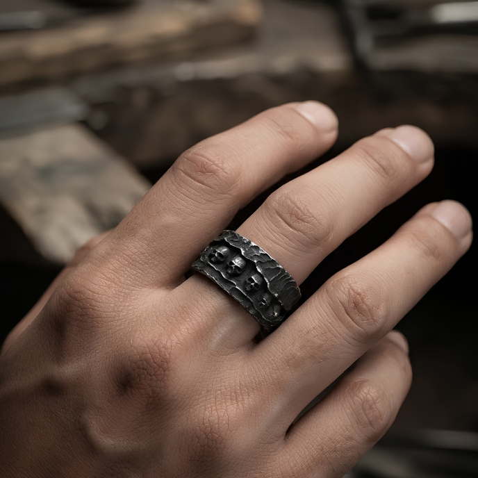 Men's Vintage Multi-Skull Band Ring in Antique Silver Finish