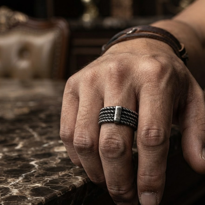 Men's Vintage Multi-Strand Rope Band Ring in Antique Silver Finish