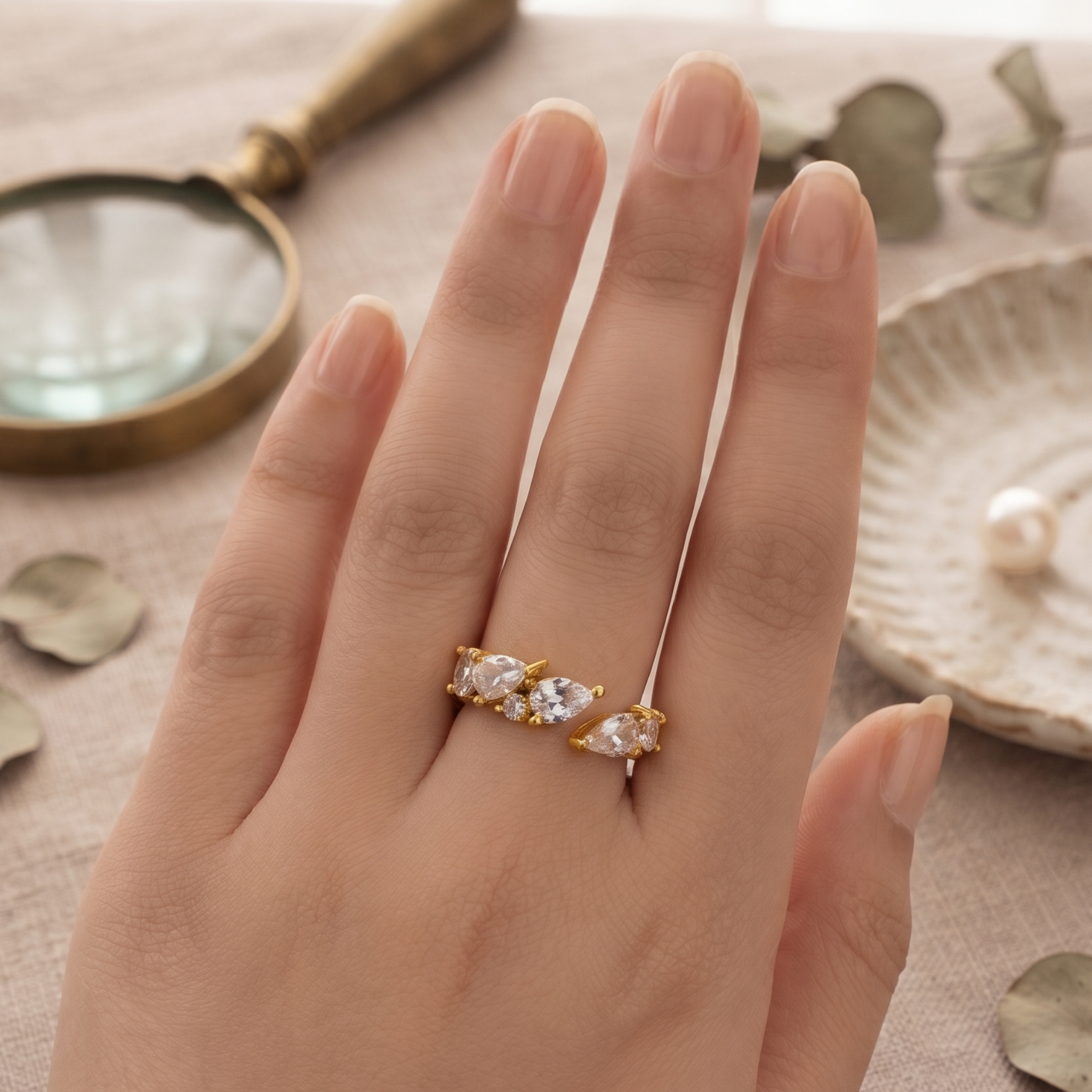 Gold-Plated Adjustable Open Ring with Pear and Round Zirconia Cluster Stones