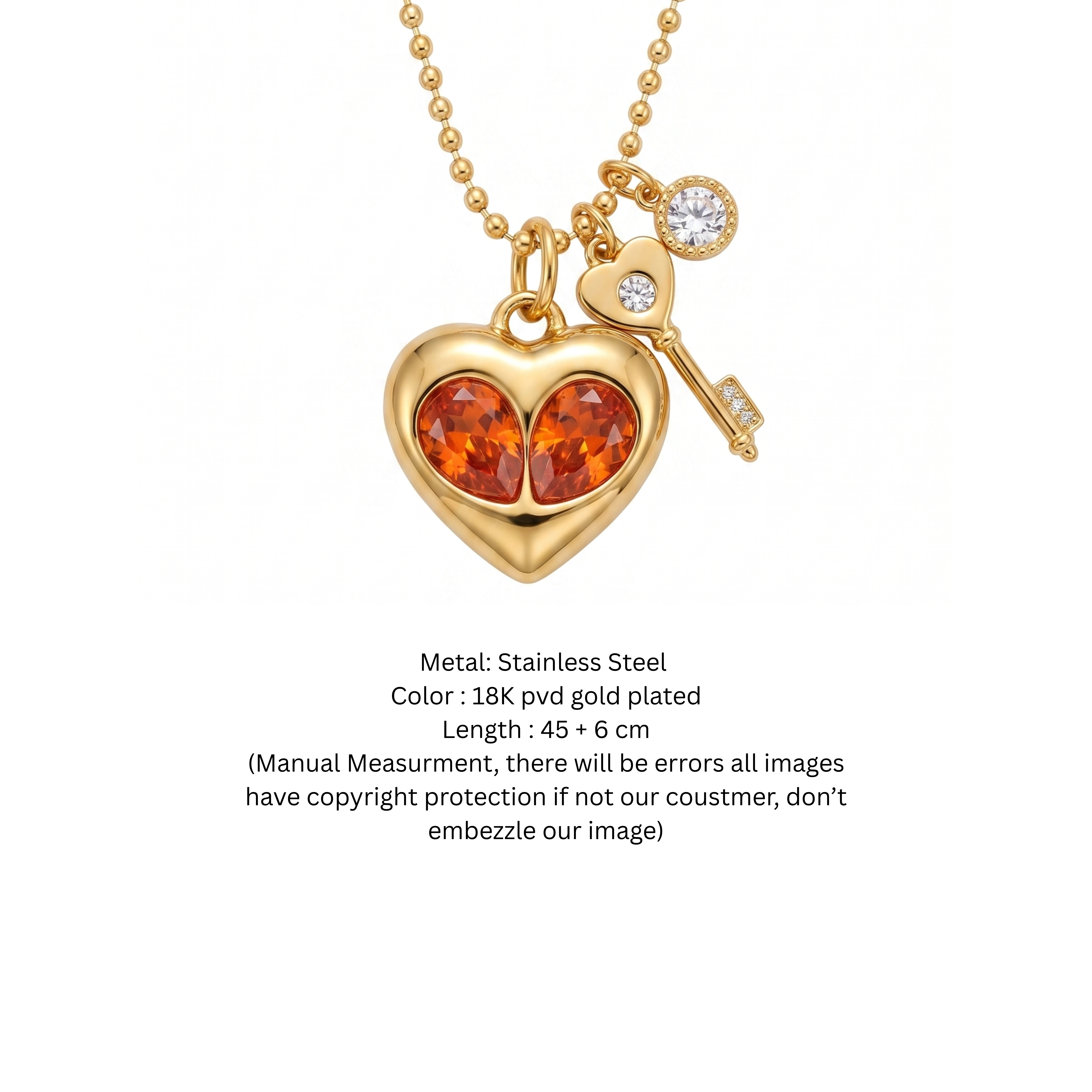 Golden Heart & Key Charm Pendant Necklace