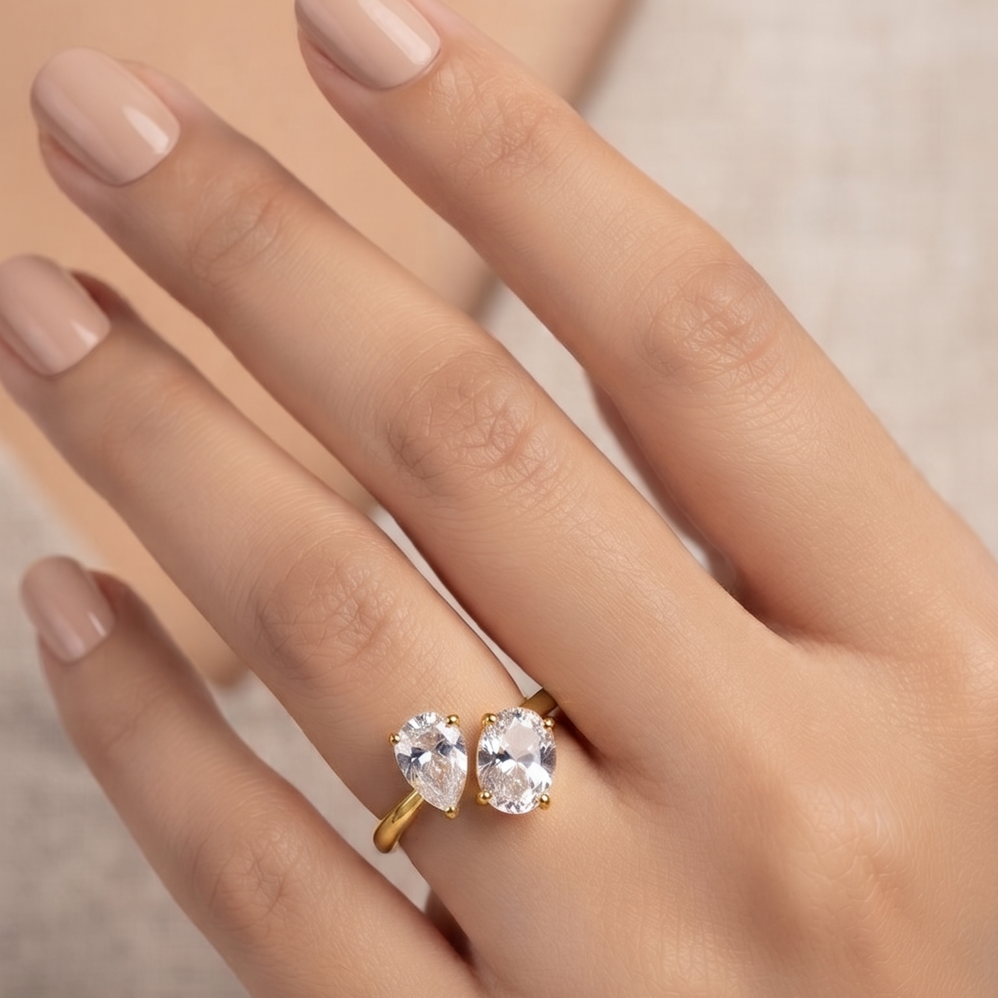 Two-Stone Bypass Cubic Zirconia Ring in Gold Finish