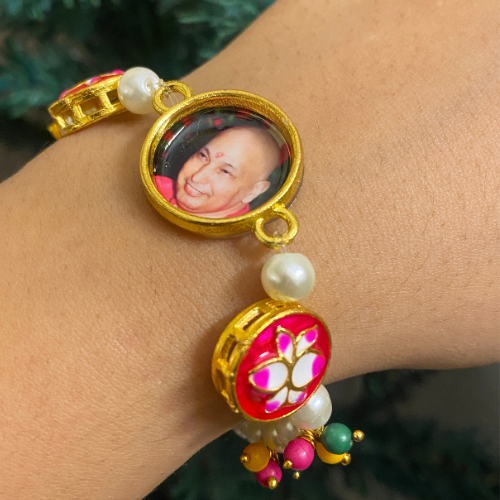 Sacred Lotus & Pearl Devotional Photo Bracelet with Meenakari Accents
