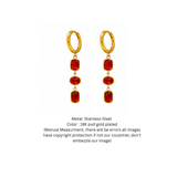 Elegant 18K Gold-Plated Drop Earrings with Triple Cushion-Cut Ruby Red Stones