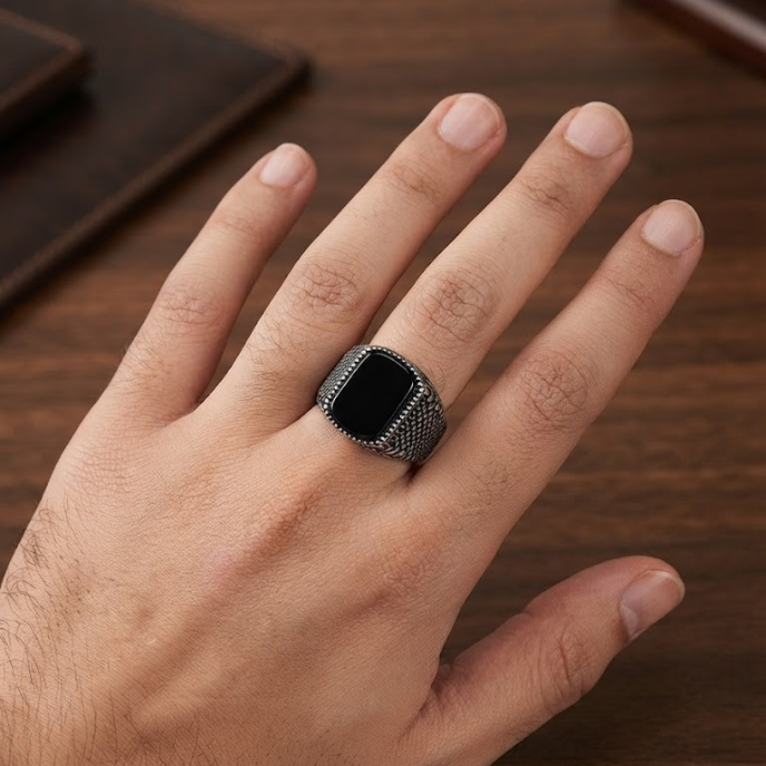 Men's Vintage Textured Black Stone Signet Ring in Stainless Steel