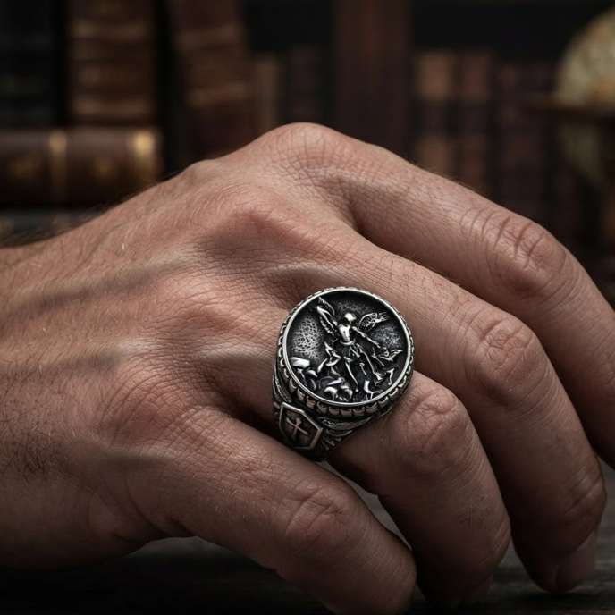 Men's Vintage Saint Michael Archangel Shield Signet Ring in Antique Silver Finish