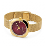 TYRAXR Women's Square Gold-Tone Mesh Watch with Rich Burgundy Dial