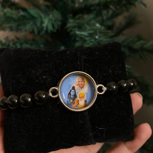 Sacred Trinity Protection Bracelet – Black Onyx & Pastel Gemstones with Deity & Guru Photo Pendant