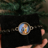 Sacred Trinity Protection Bracelet – Black Onyx & Pastel Gemstones with Deity & Guru Photo Pendant