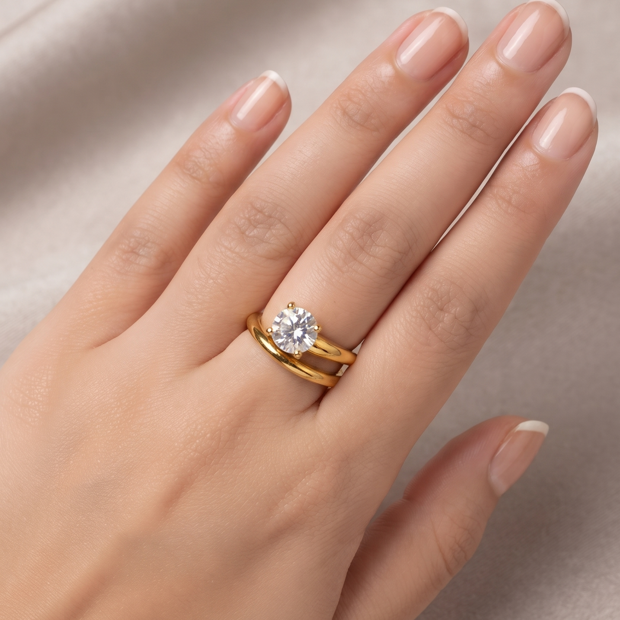 Gold-Plated Bypass Solitaire Adjustable Ring with Round Brilliant Stone