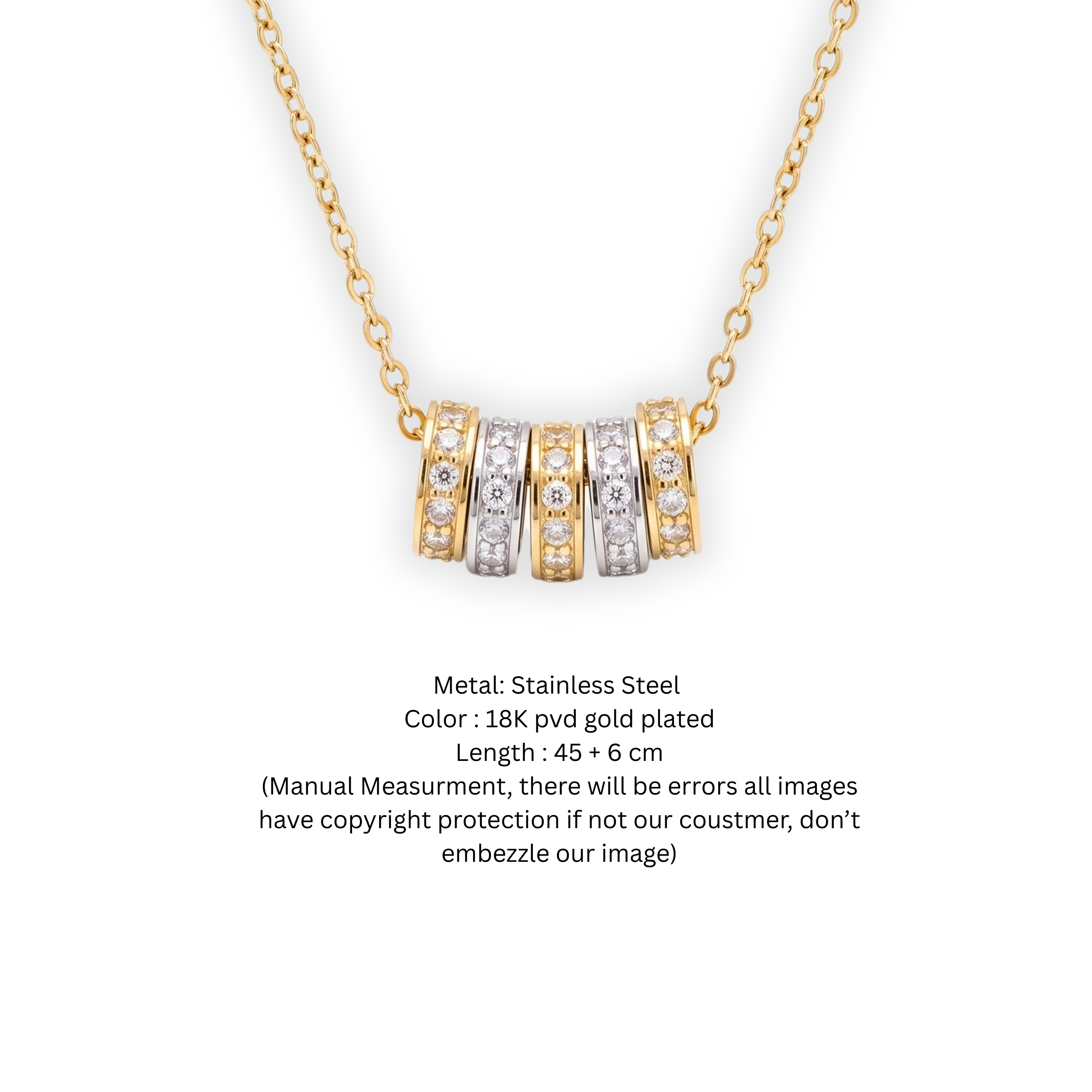 Two-Tone Mixed Metal 5-Ring Rondelle Charm Necklace with Pave Crystals