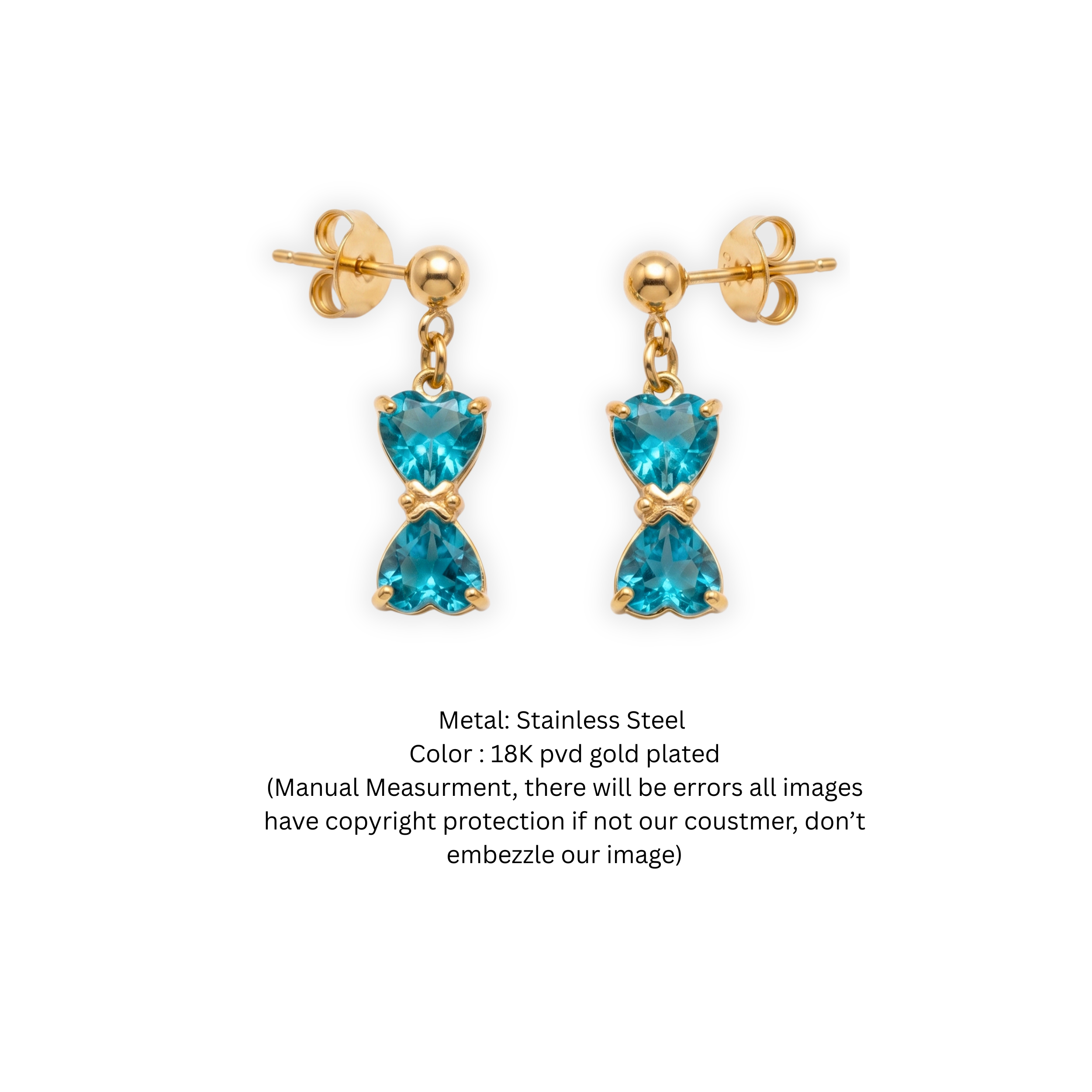 18K Gold Plated Blue Topaz Double-Heart Dangle Earrings