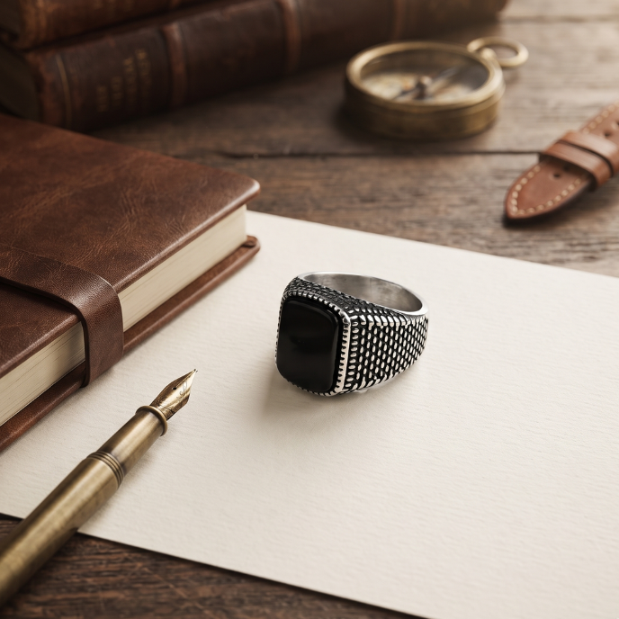 Men's Vintage Textured Black Stone Signet Ring in Stainless Steel