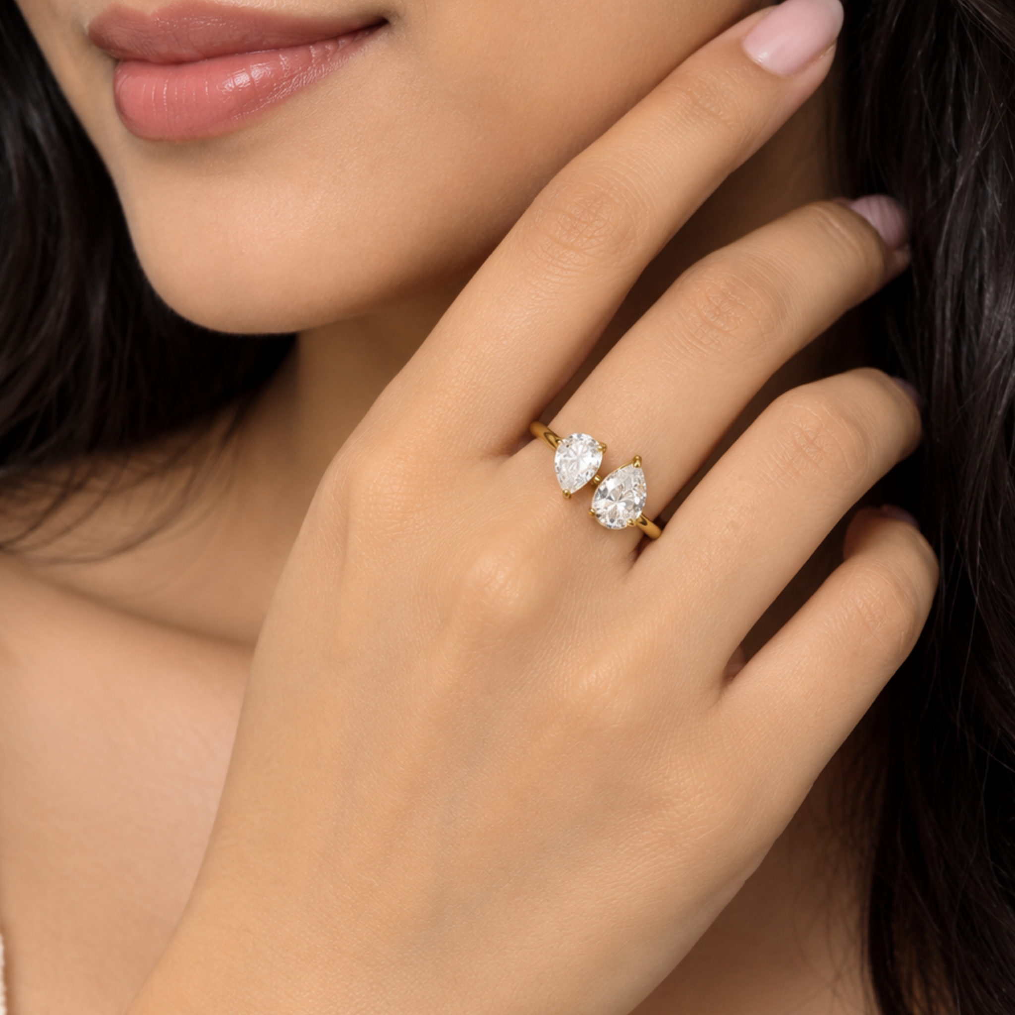 Elegant Double Pear-Cut Crystal Gold Plated Ring for Women