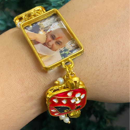 Divine Grace Handcrafted Photo Pendant Bracelet with Red Enamel & Peacock Detail