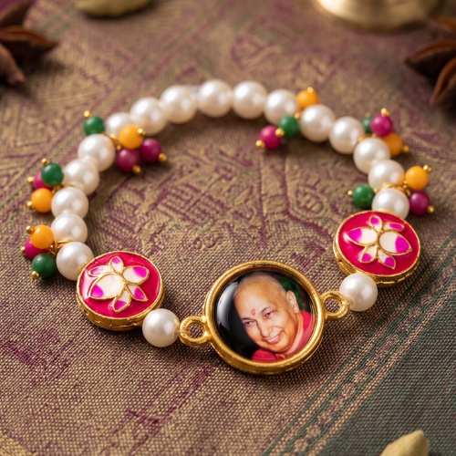 Sacred Lotus & Pearl Devotional Photo Bracelet with Meenakari Accents