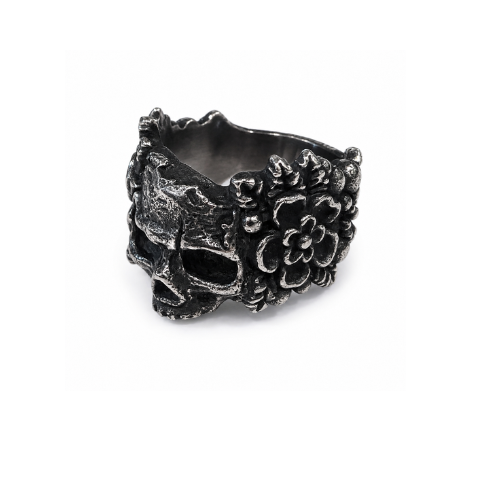 Gothic Floral Skull Ring in Antiqued Silver