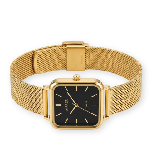 Minimalist Women's Square Gold Watch | Sleek Black Dial with Golden Line Markers & Mesh Strap