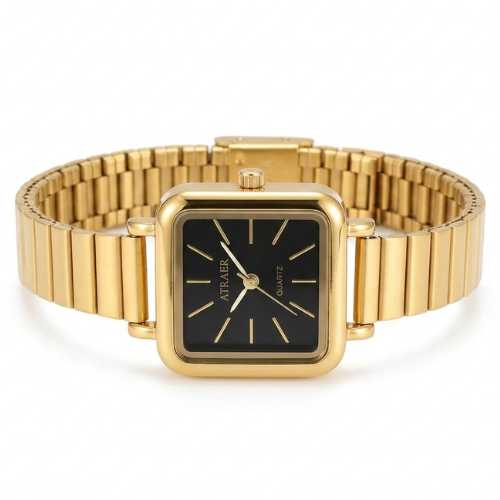 ATRAER Women's Square Gold-Tone Expansion Band Watch with Minimalist Black Dial
