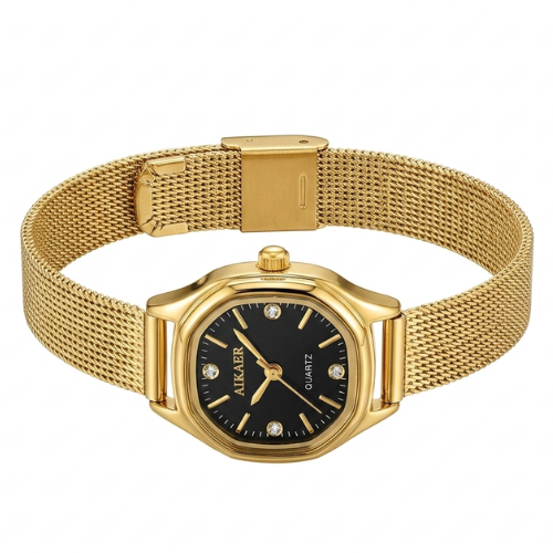Elegant Women's Gold-Tone Quartz Watch | Black Octagonal Dial with Crystal Accents & Mesh Strap
