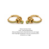 Peridot Green Crystal Huggie Hoop Earrings with Interlocking Dangle Charm