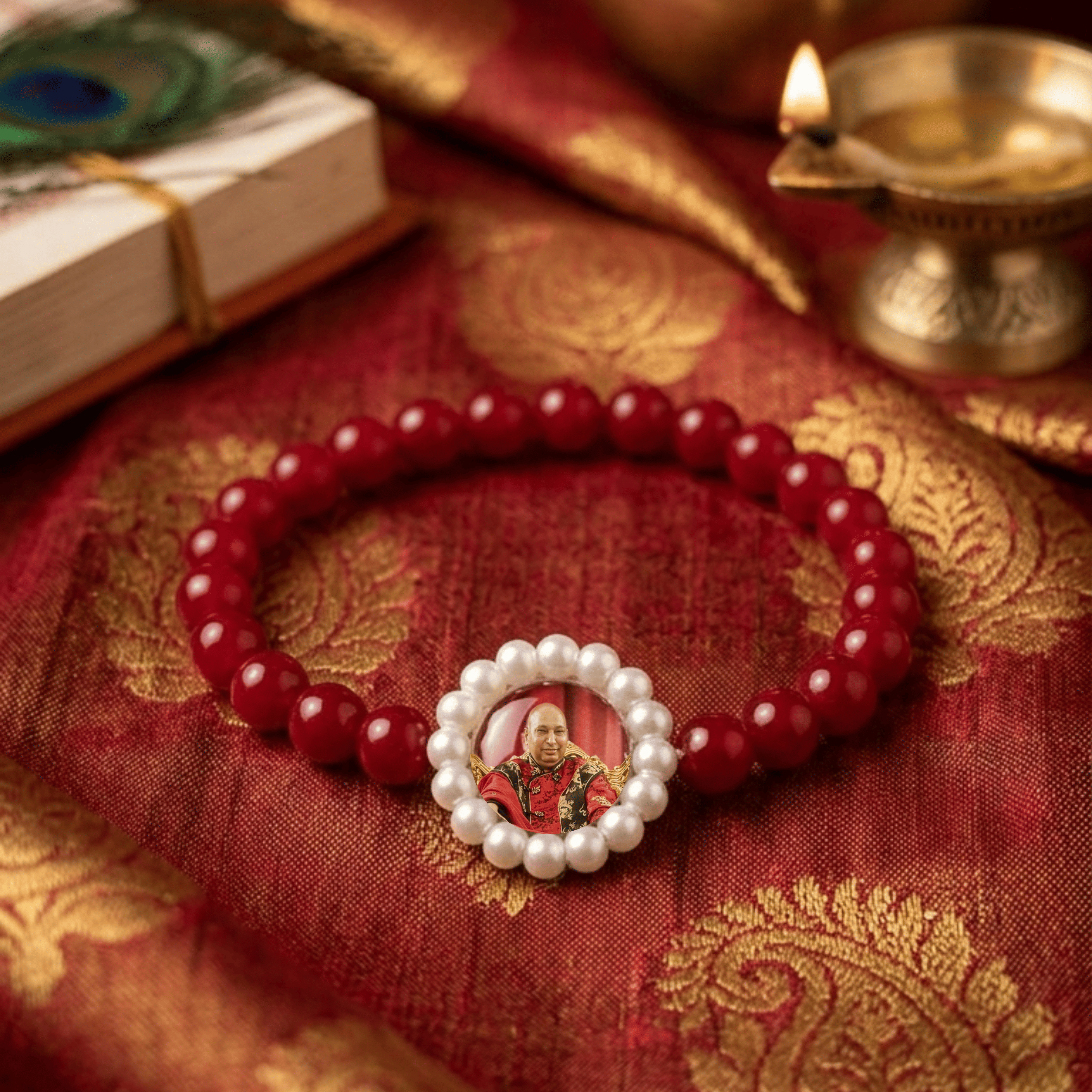 Divine Grace Guruji Swarup Bracelet - Crimson Red Beads with Pearl Frame